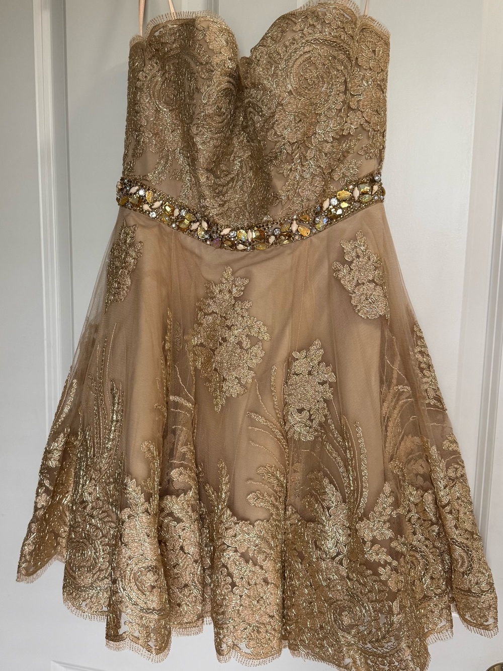 Terani Couture Champagne Gold Beaded Cocktail Dress Size 6 (Worn Once)